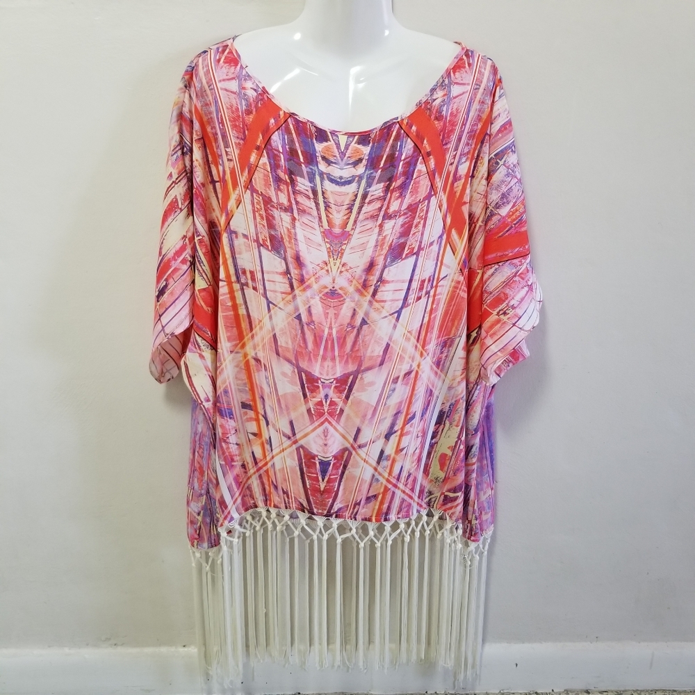 Johanne Beck Women Top Multicolor Printed Fringe Boho Chic Tunic L Swim Cover Up